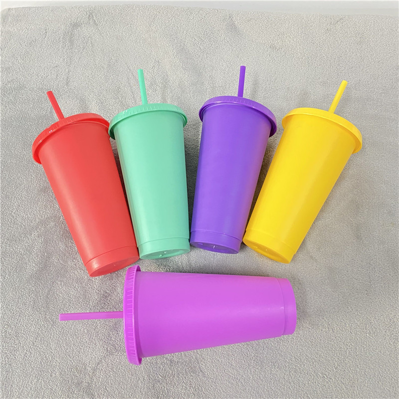 BPA free 16oz 24oz Reusable matt Solid color Frosted Plastic Cups with cover and straw Ice Cold Drink water coffee