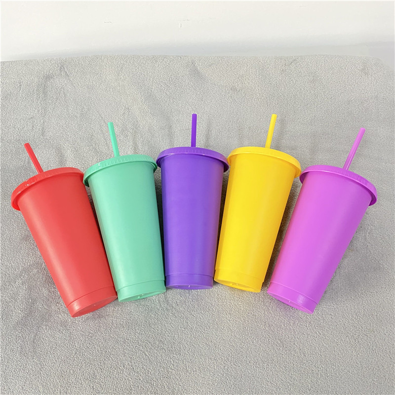 BPA free 16oz 24oz Reusable matt Solid color Frosted Plastic Cups with cover and straw Ice Cold Drink water coffee