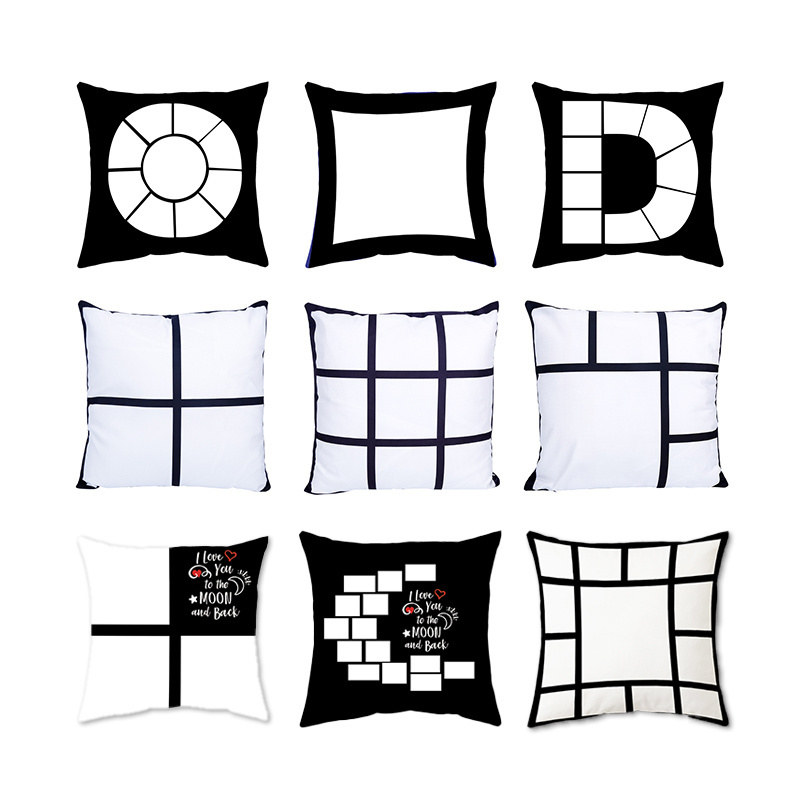 Sublimation Blank 9 Photo Panel Pillow Case Black and White Sublimation Panel Cushion Cover with zipper and pocket