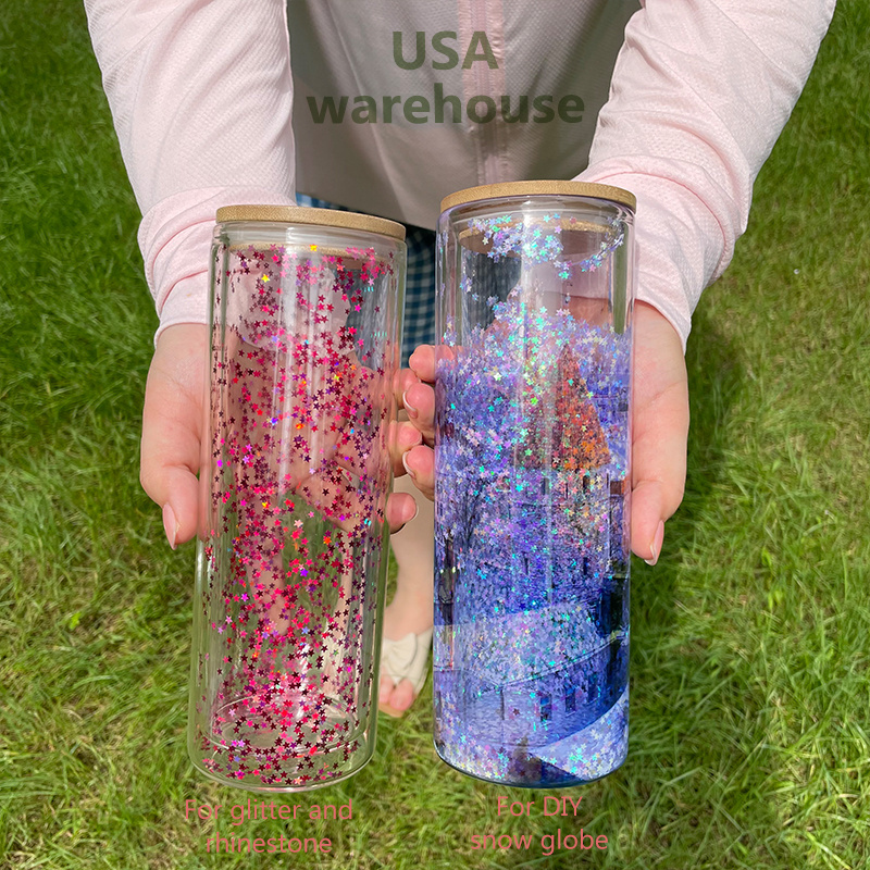 USA warehouse blank sublimation 20oz pre drilled double wall glass tumbler snow globe beer glass for sublimation and glitter