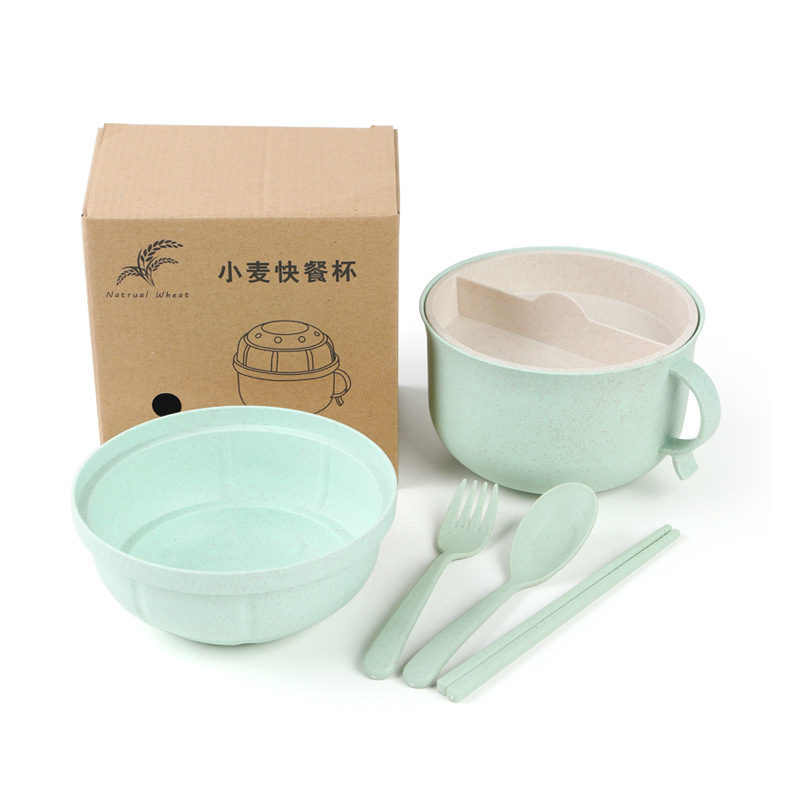 Wheat straw fast food cup student dormitory instant noodle bowl with lid spoon fork chopsticks set instant noodle bowl