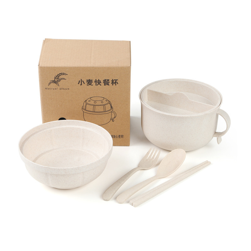 Wheat straw fast food cup student dormitory instant noodle bowl with lid spoon fork chopsticks set instant noodle bowl