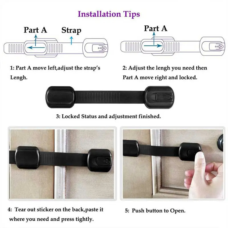 Black Child Safety Cabinet Locks Adjustable Straps for Drawers Refrigerator Toilet For Kids Baby Safety Security Protection