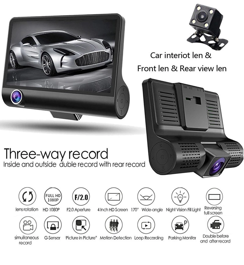 4.0 inch 3-lens car black box dash cam HD 1080P 170 degree wide-angle car camera DVR recorder G sensor dash cam