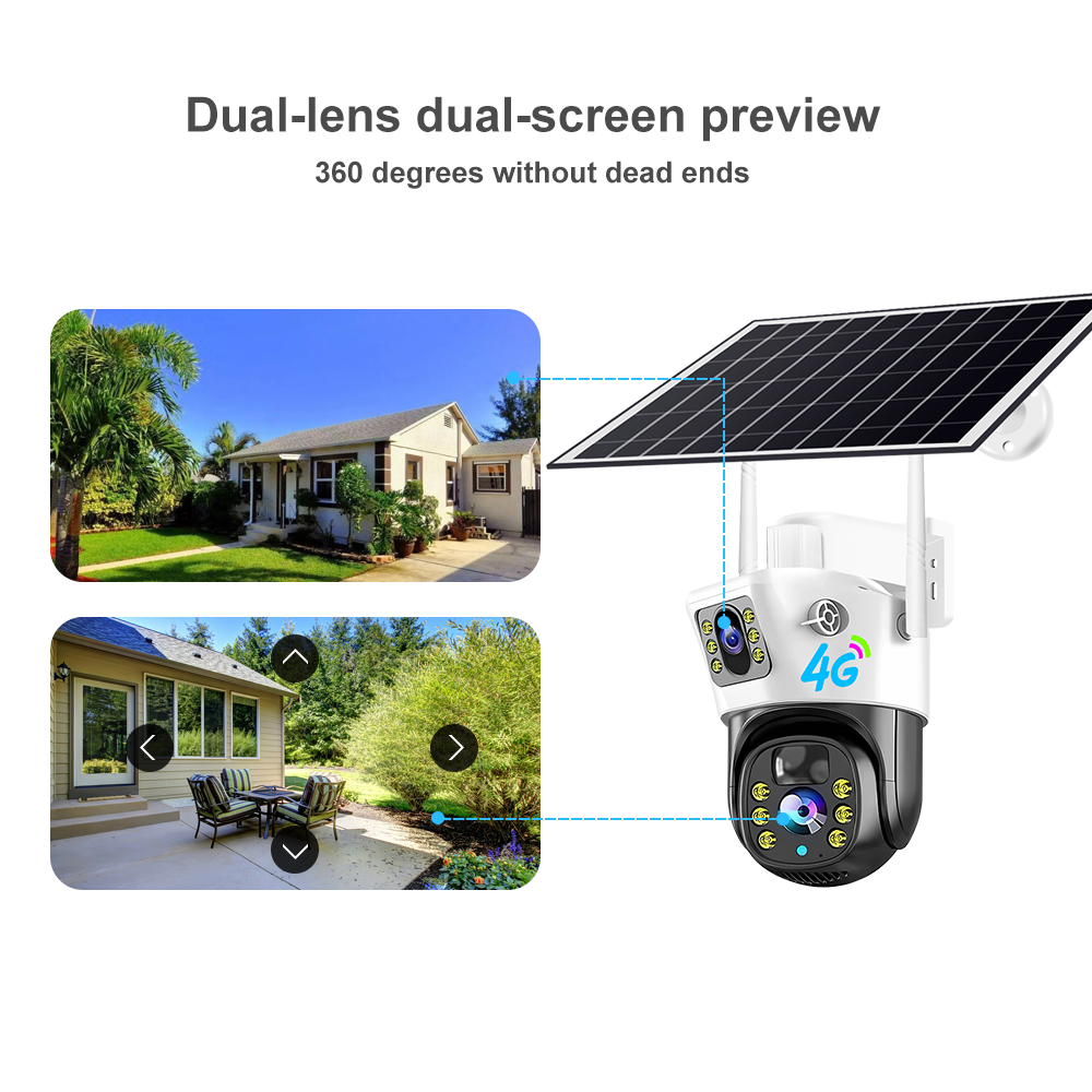 Solar Powered surveillance V380 2k 4mp Wifi 4G Outdoor Security Camera Double Lens Hd Wireless Ptz Video Surveillance Ip Camera