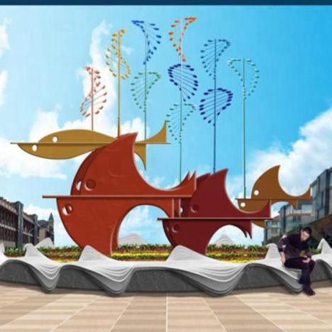 Large outdoor rotatable stainless steel wind kinetic sculpture abstract fish sculpture for city decoration