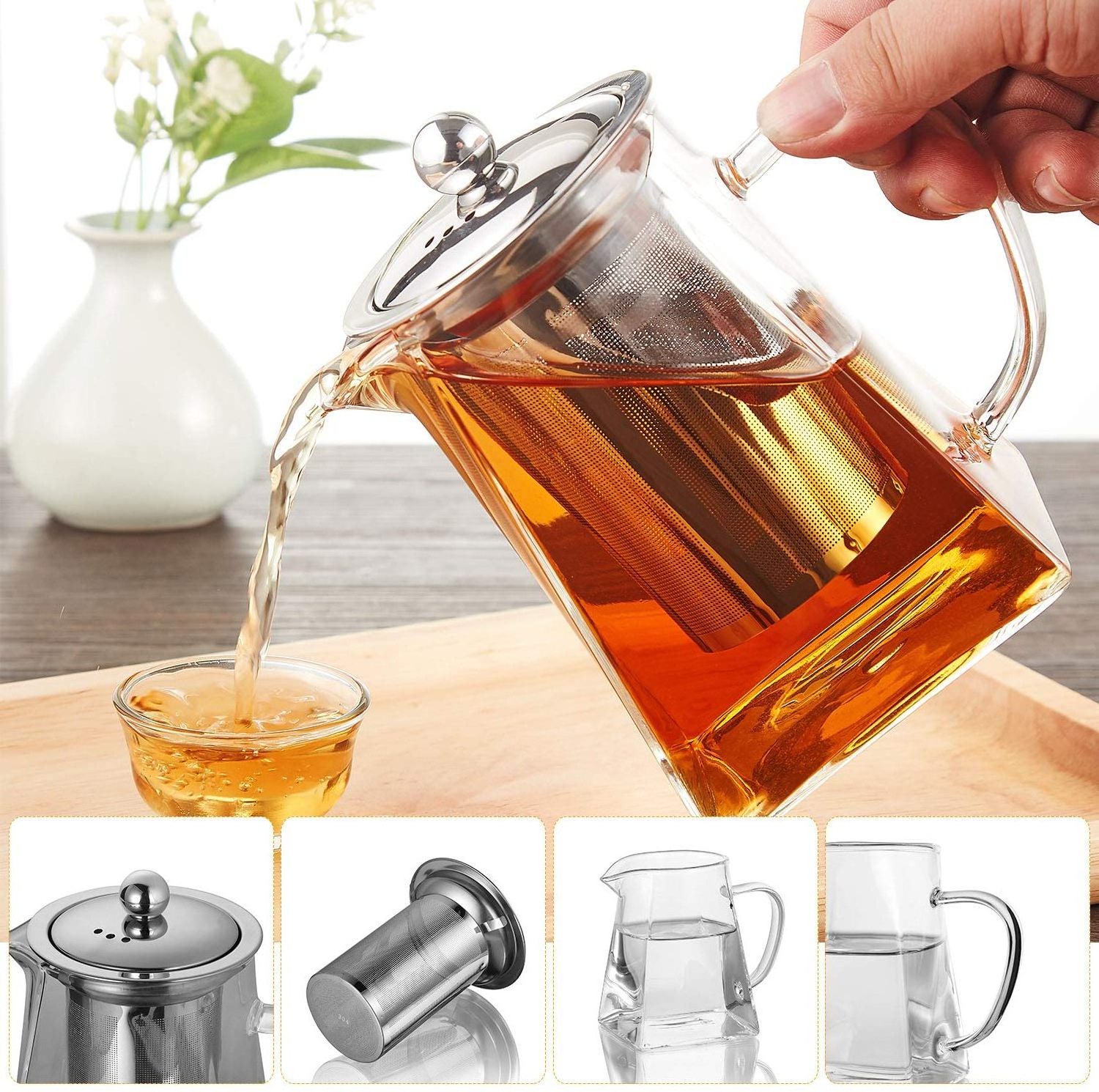 Wholesale Chinese Unique Half Moon Coffee & Tea Sets High Heat resistant Borosilicate Square Glass Tea Pot Teapot With Infuser