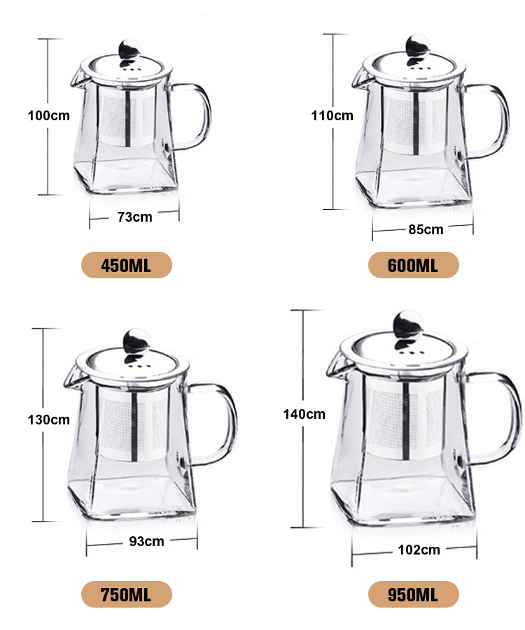 Wholesale Chinese Unique Half Moon Coffee & Tea Sets High Heat resistant Borosilicate Square Glass Tea Pot Teapot With Infuser