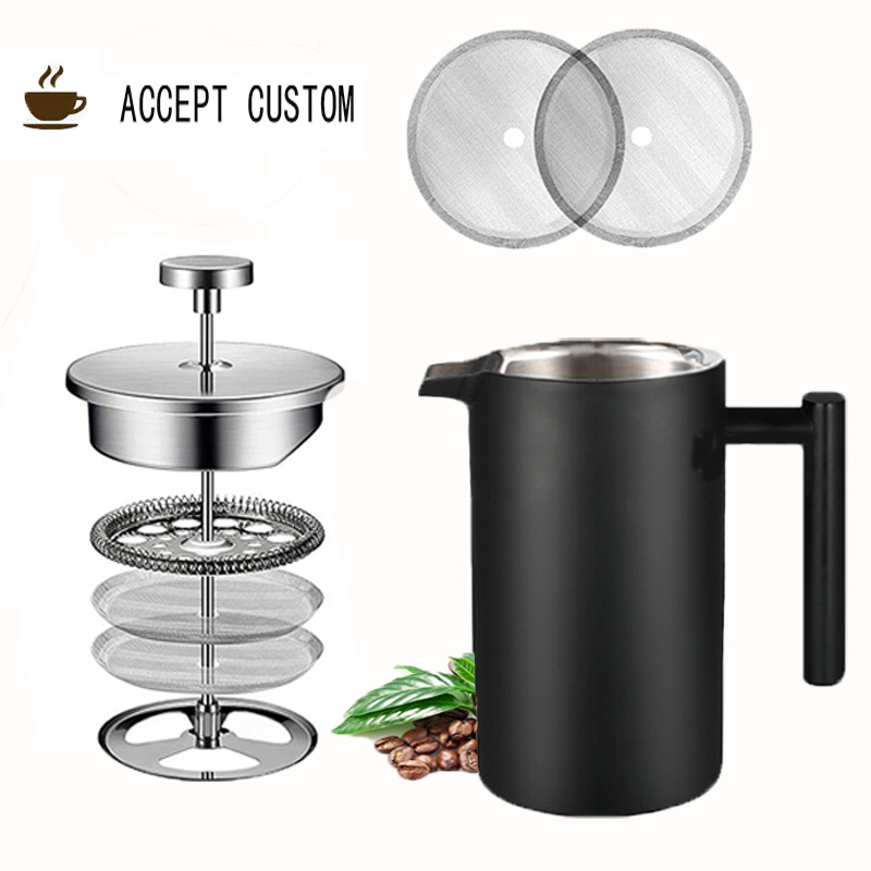 custom product Insulated Double Wall 6 Capacity matte Black Coffee Maker 1000ml Stainless Steel Matte black french press