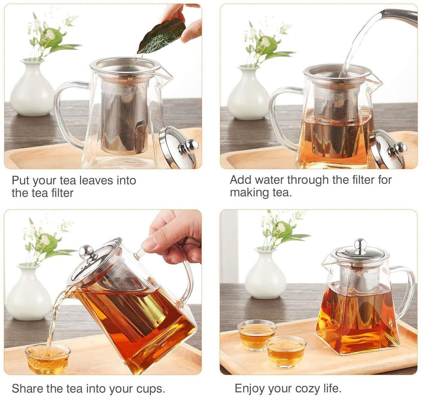 Wholesale Chinese Unique Half Moon Coffee & Tea Sets High Heat resistant Borosilicate Square Glass Tea Pot Teapot With Infuser