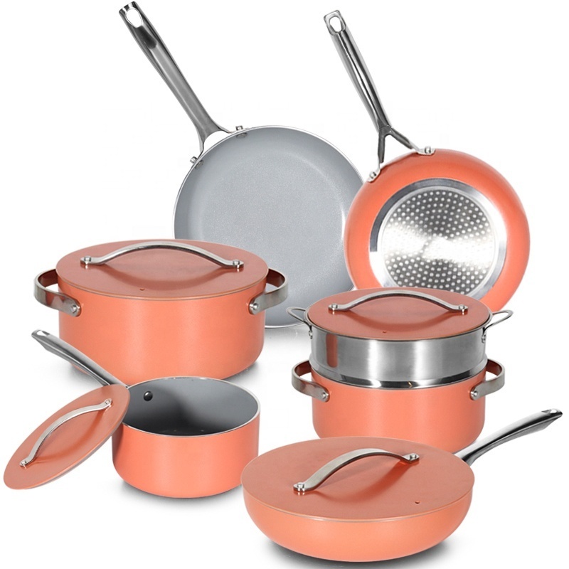 High quality non stick cookware 11pcs ceramic pressed  aluminum cookware  with stainless steel handle kitchenware set