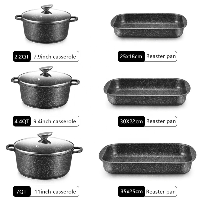 Healthy Non-stick Pan Kitchen Cookware Marble coating Pot Set with Wood Color Soft Touch Handle non stick cookware