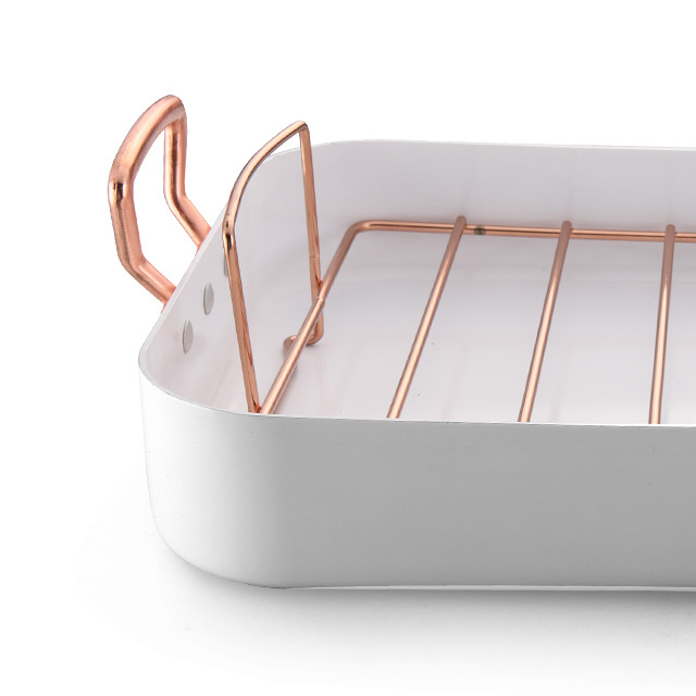 bakeware set Non Stick Deep Square Pan Fry Basket, Steamer Rack, ceramic coating s/s hollow handle gold plated