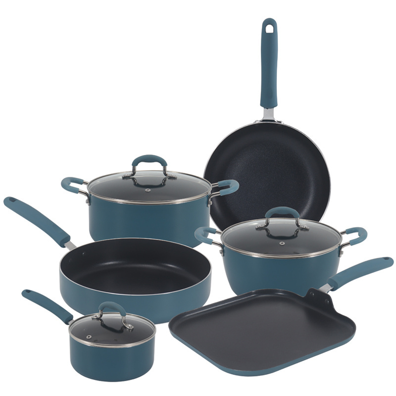 11Pcs Competitive hot sale kitchenware set  Fry Pans and pots with soft touch handle and Glass Lid non stick  cookware