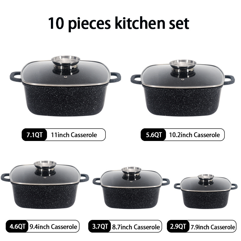 Die casting Nonstick Cookware Sets Granite Coating Pots and Pans Set Kitchen Cooking Set Compatible with All Stovetops