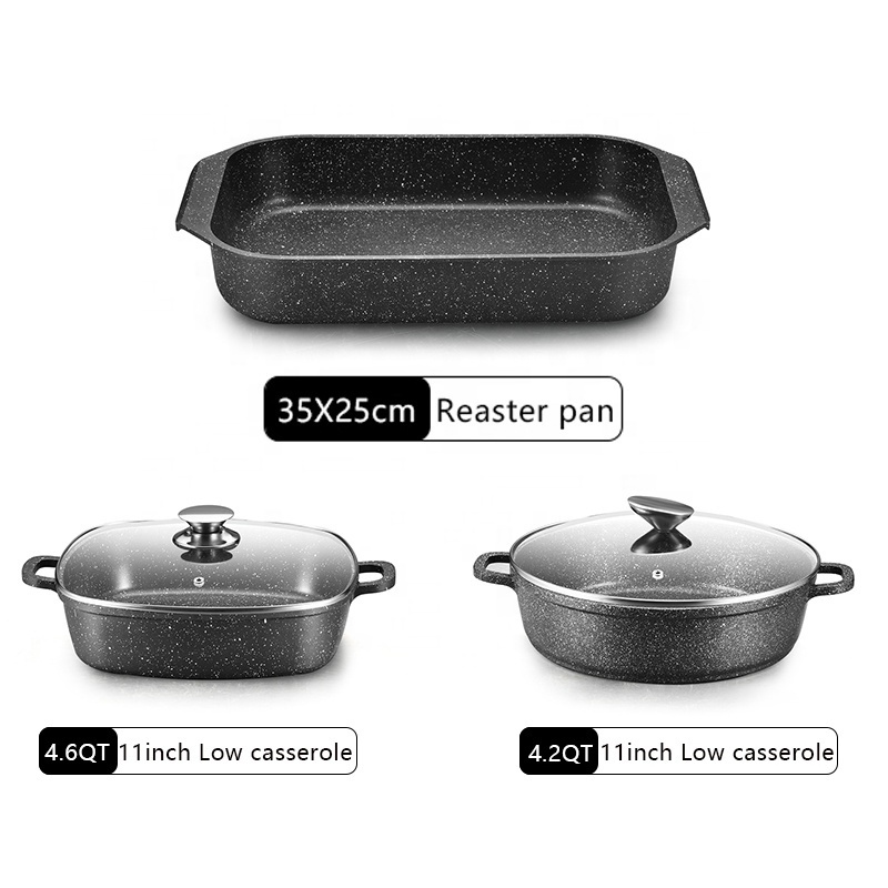 Healthy Non-stick Pan Kitchen Cookware Marble coating Pot Set with Wood Color Soft Touch Handle non stick cookware