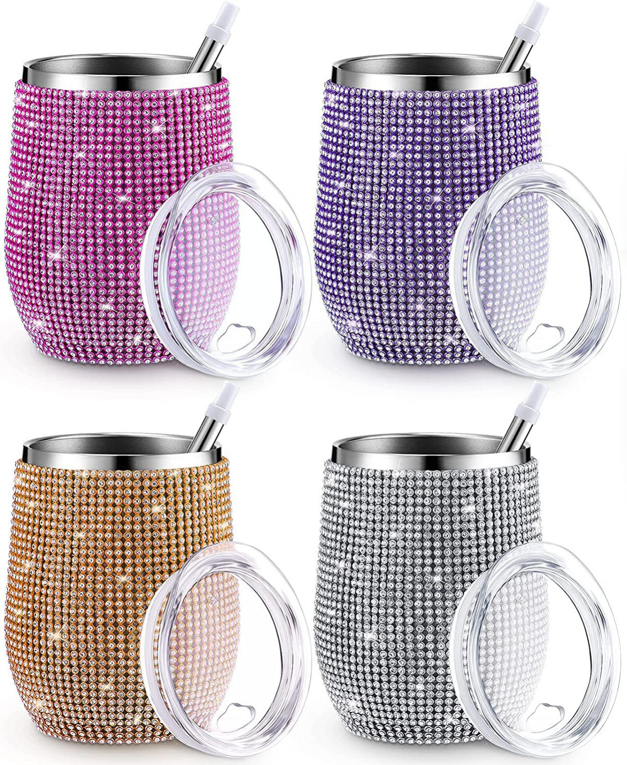 Bling Rhinestone Stainless Steel Tumbler 12Oz Egg Shape Wine Beer Tumbler Cups Double Wall Water Mug Glitter Wine Tumbler