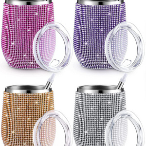 Bling Rhinestone Stainless Steel Tumbler 12Oz Egg Shape Wine Beer Tumbler Cups Double Wall Water Mug Glitter Wine Tumbler