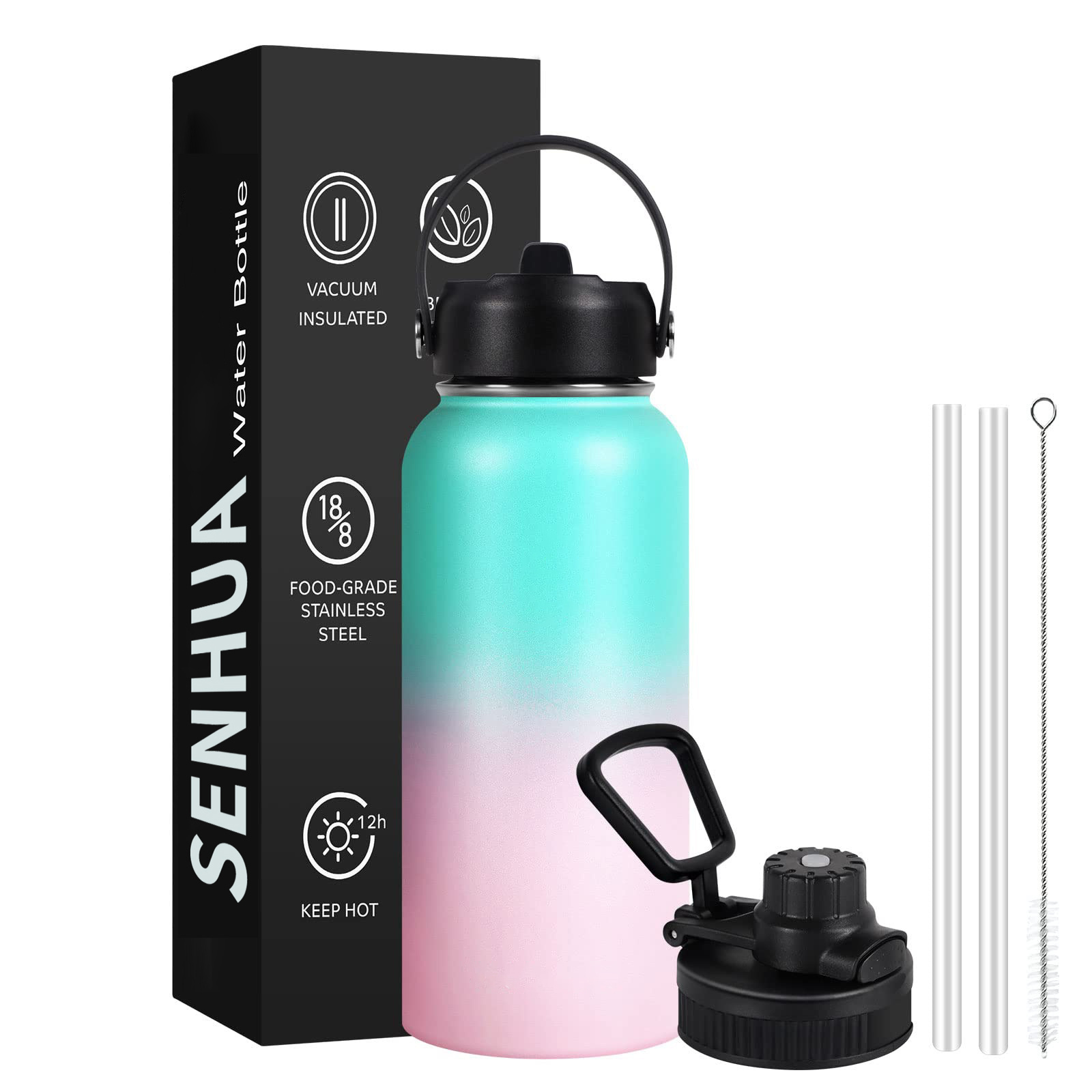 SENHUA 32oz Double Wall Wide Mouth Stainless Steel Water Bottle with Straw Sports Canteen Great for Hiking