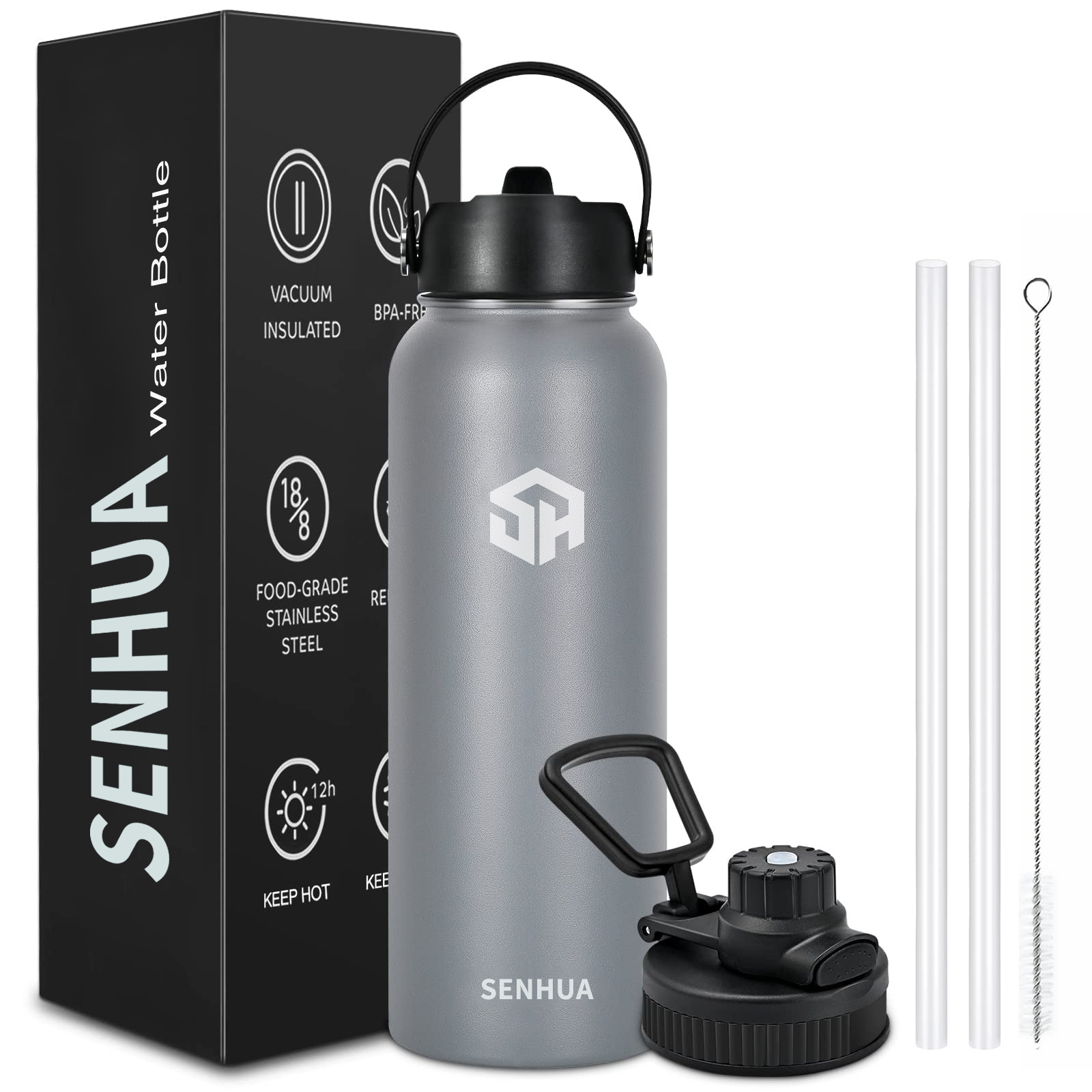 SENHUA 32oz Double Wall Wide Mouth Stainless Steel Water Bottle with Straw Sports Canteen Great for Hiking