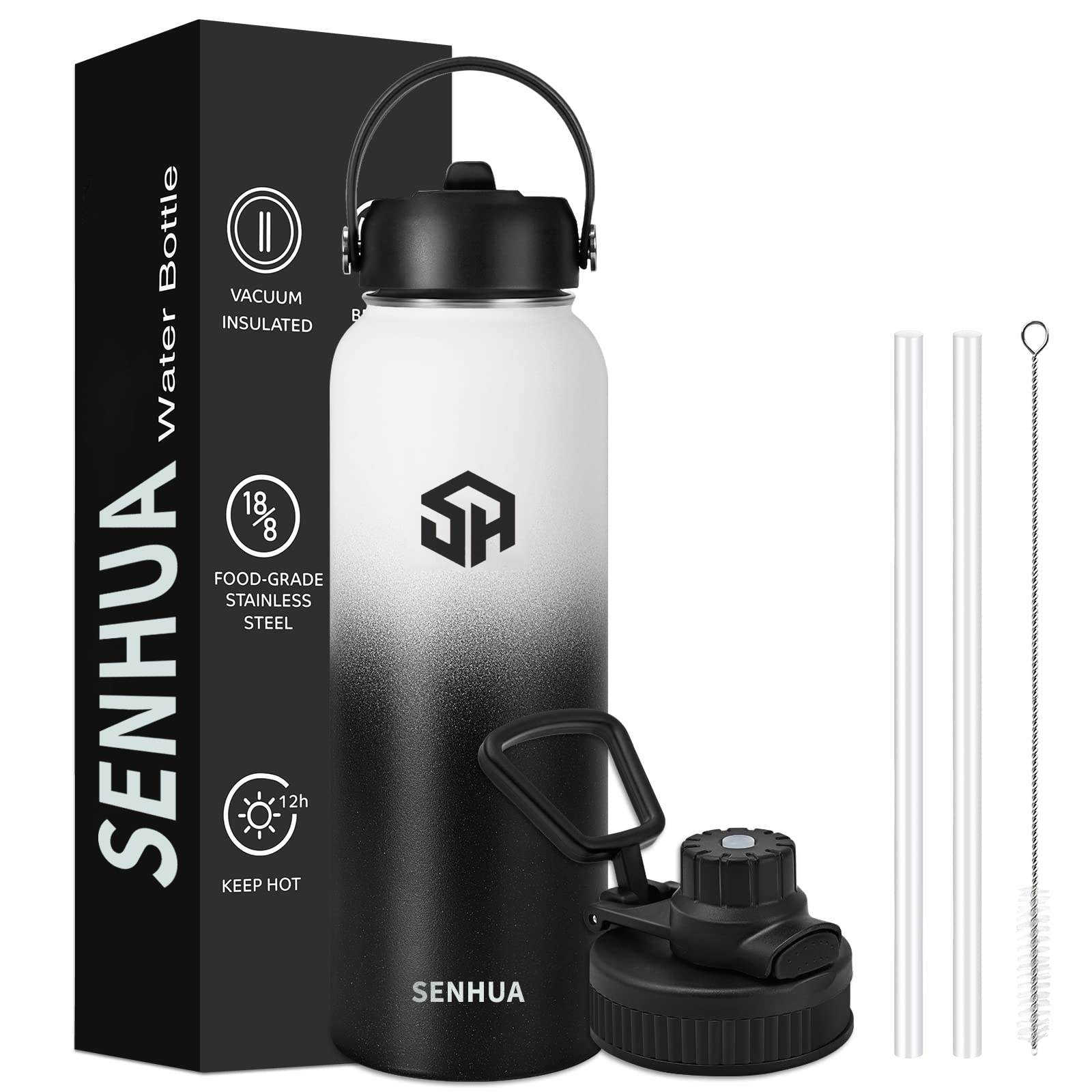 SENHUA 32oz Double Wall Wide Mouth Stainless Steel Water Bottle with Straw Sports Canteen Great for Hiking