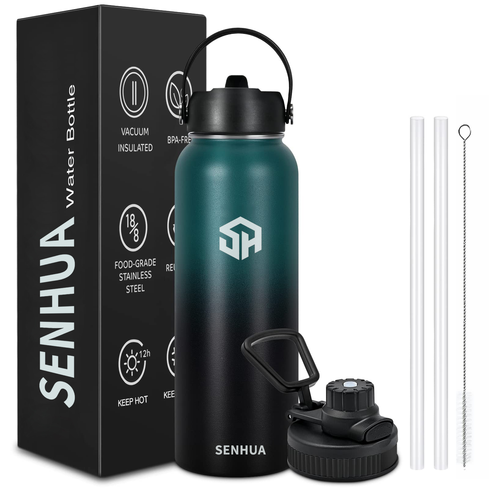 SENHUA 32oz Double Wall Wide Mouth Stainless Steel Water Bottle with Straw Sports Canteen Great for Hiking