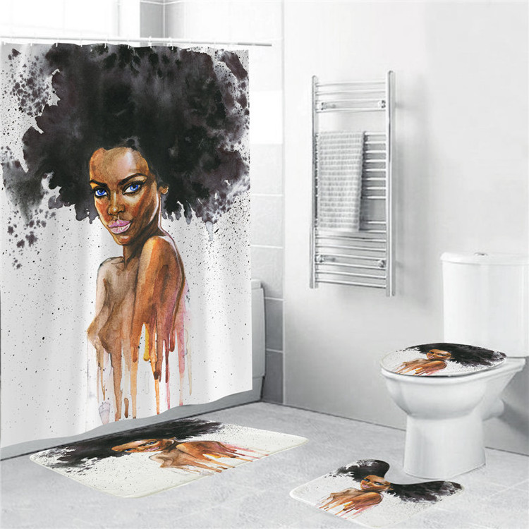 Modern Black Fashion Girl PVC Waterproof Folding Bath Mat Set 180X180 Custom Made Shower Curtain For Bathroom