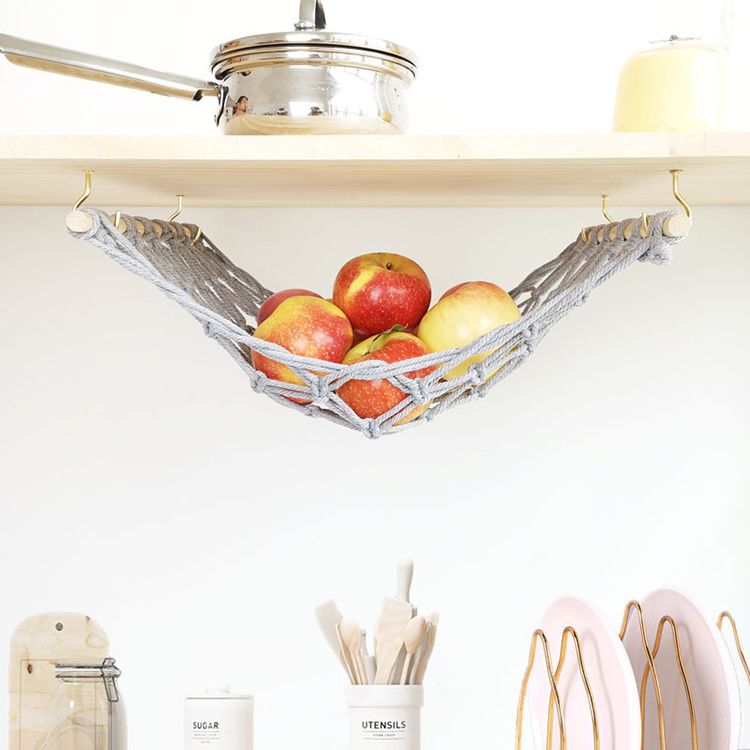 Home Kitchen Decor Cabinet Hanging Fruits Basket Boho Macrame Fruit Hammock with Hooks