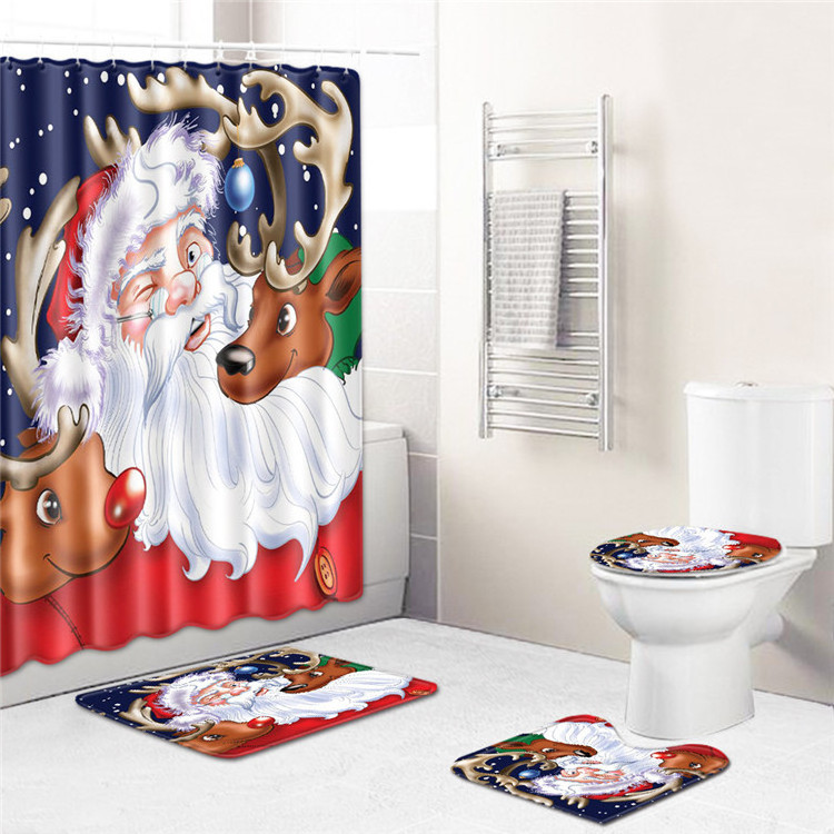 Factory Price Wholesale Cute Santa Claus Polyester Christmas Bath Mat Set 180X180 Shower Curtain