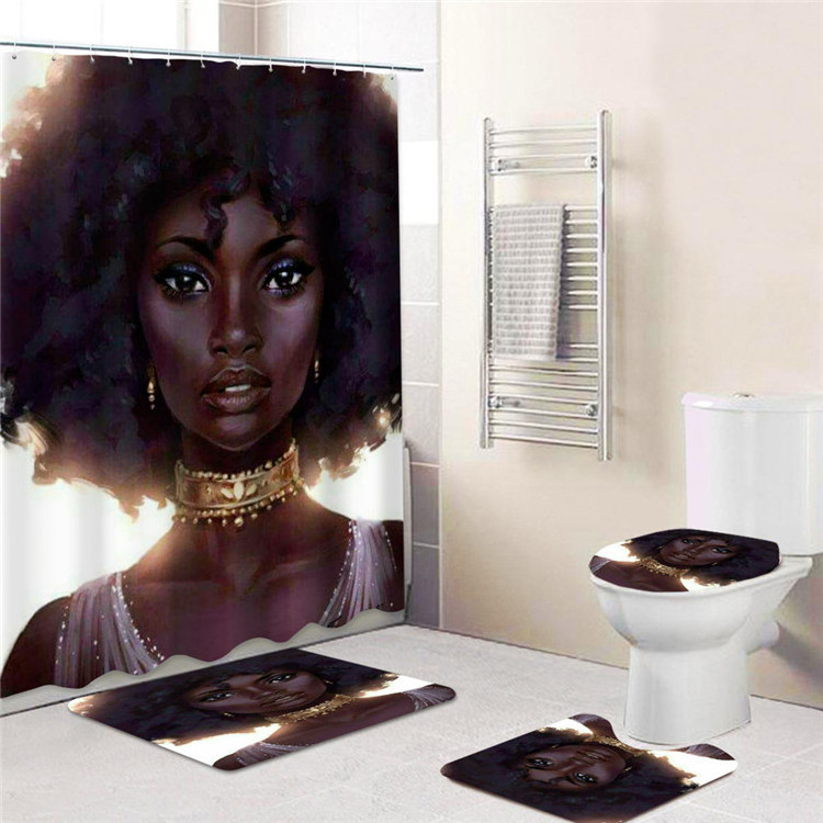 Modern Black Fashion Girl PVC Waterproof Folding Bath Mat Set 180X180 Custom Made Shower Curtain For Bathroom