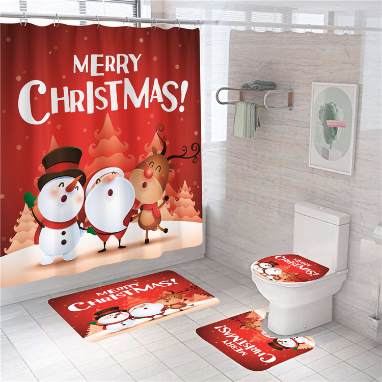 Factory Price Wholesale Cute Santa Claus Polyester Christmas Bath Mat Set 180X180 Shower Curtain