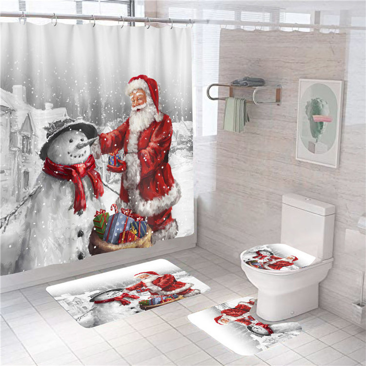 Factory Price Wholesale Cute Santa Claus Polyester Christmas Bath Mat Set 180X180 Shower Curtain