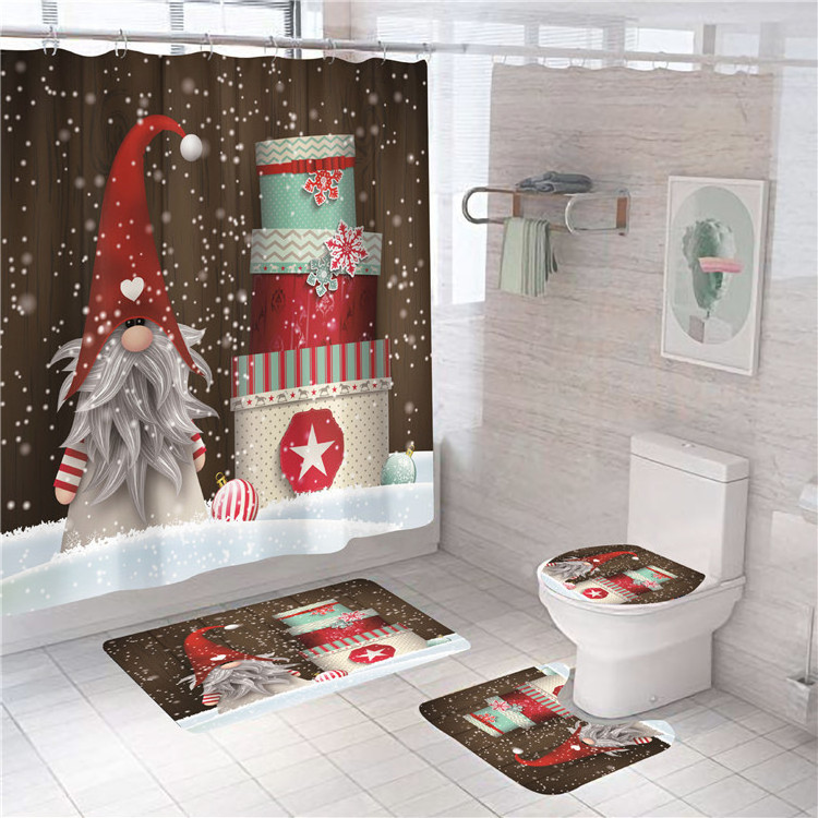 Factory Price Wholesale Cute Santa Claus Polyester Christmas Bath Mat Set 180X180 Shower Curtain