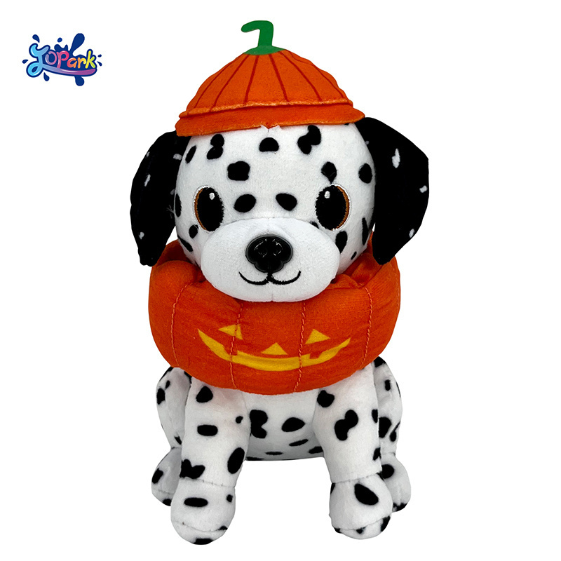 OEM ODM Halloween Soft Puppy Plushies Stuffed Animal Plush Toy Small Dalmatian Dog Decoration Gift With Pumpkin Hat For Kid Baby