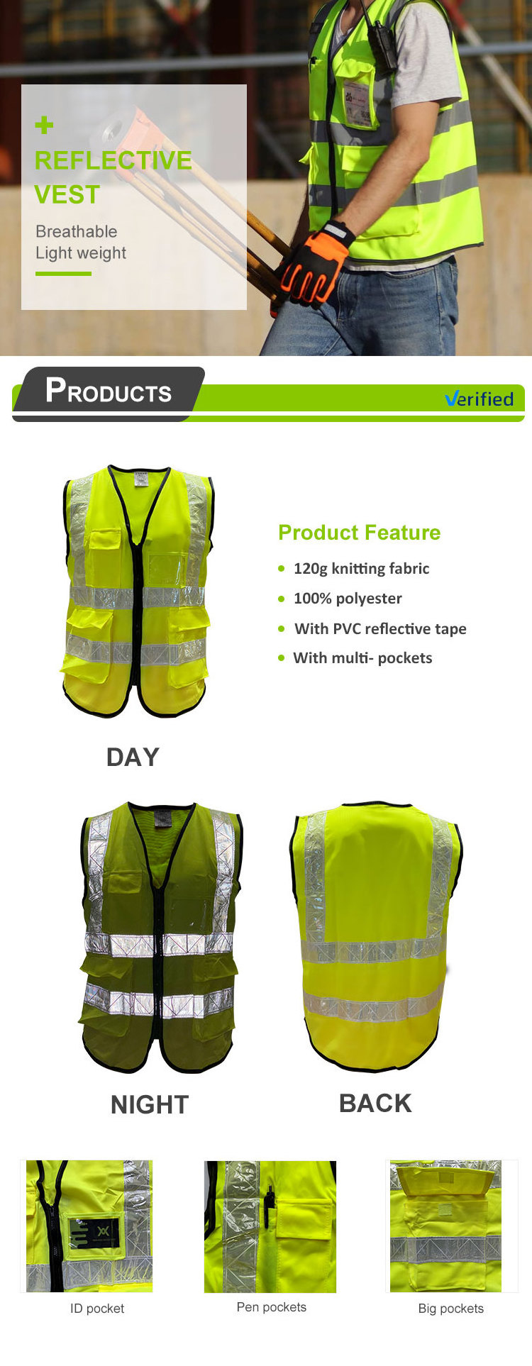 WANXIAO Personal Security Construction High Visibility Multi Pockets Reflective Safety Work Vest