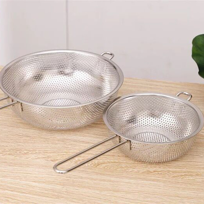 16cm steel Micro-perforated Colanders Strainers Metal Strainer Basket With Long Handle For Draining Rinsing Washing Silver