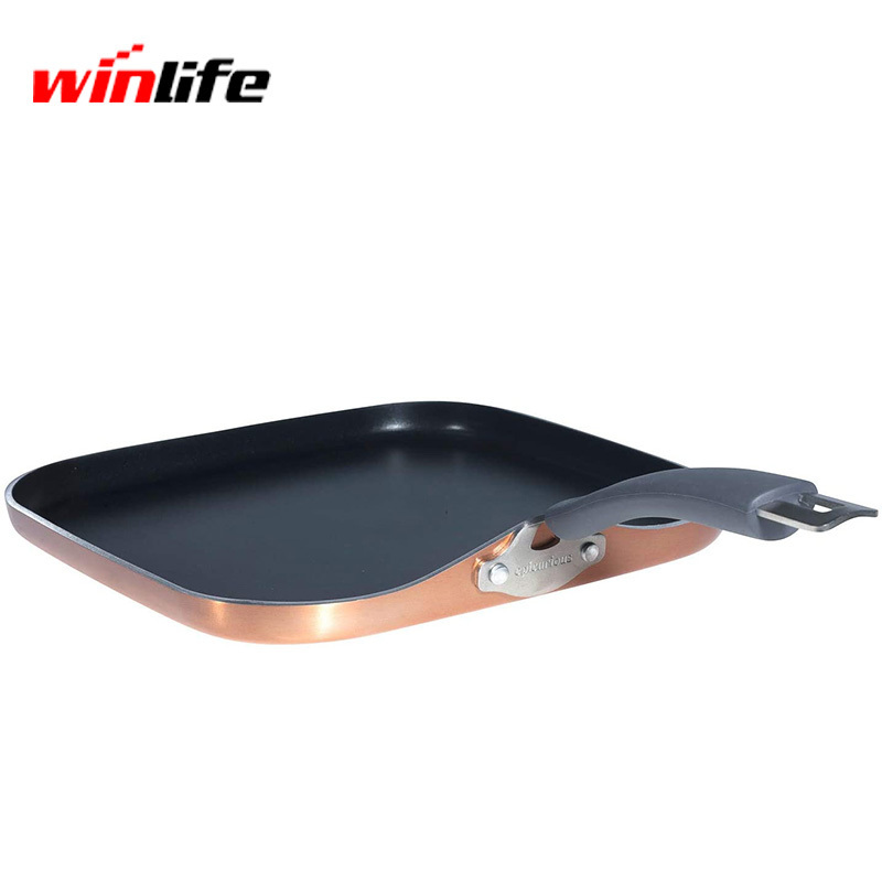 Customized press aluminum kitchenware stainless steel handle square grill pan cookware