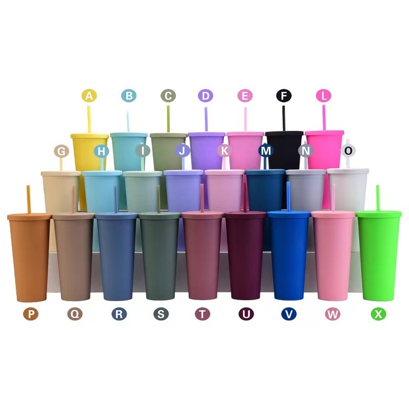 Hot selling 24 oz  Tumbler Plastic Cup With Lid And Straw Double Wall Reusable Bubble Tea Custom Plastic Cups