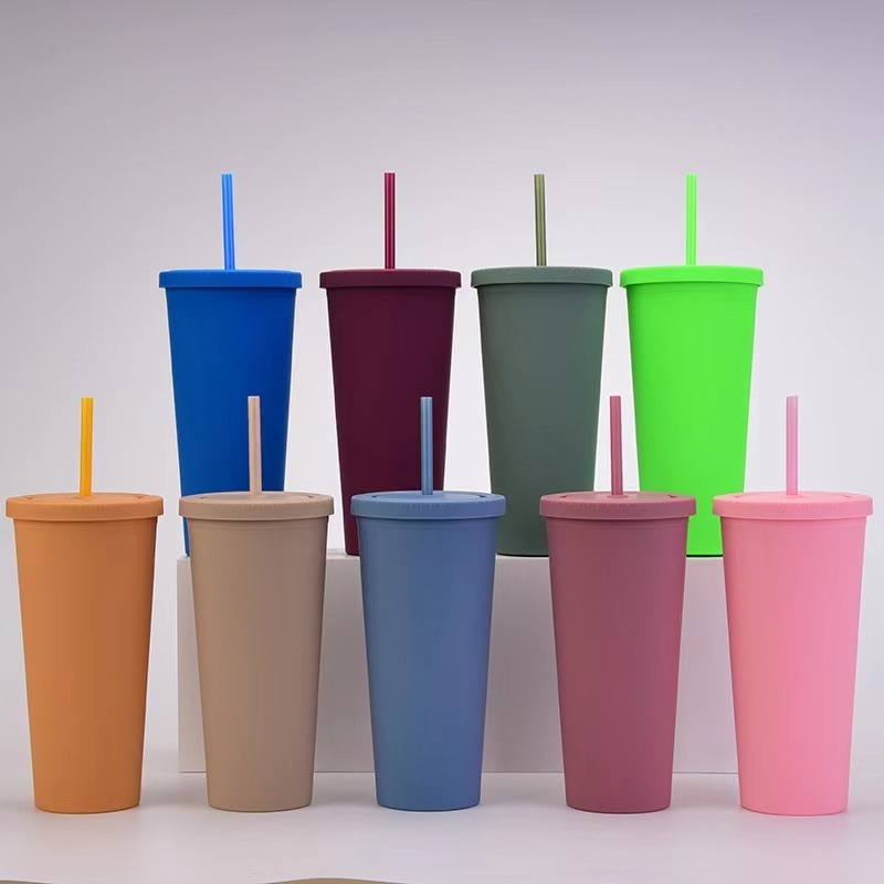 Hot selling 24 oz  Tumbler Plastic Cup With Lid And Straw Double Wall Reusable Bubble Tea Custom Plastic Cups