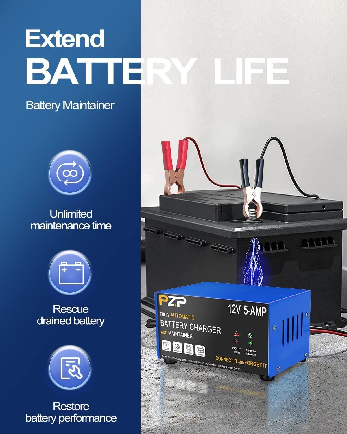 PZP 12V 5A Battery Charger Smart Automotive 12 Volt Trickle Charger and Maintainer Lead acid Battery Charger