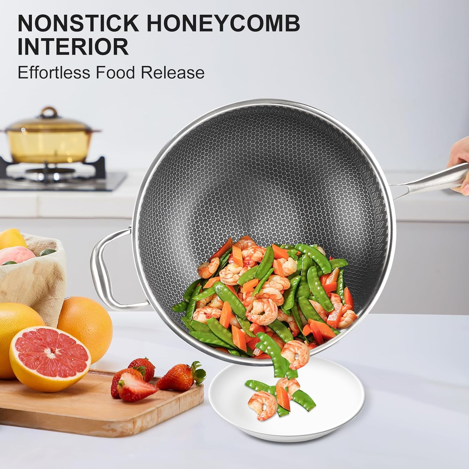 Honeycomb frying pan wok pan non-stick stainless steel cook wok With Lid