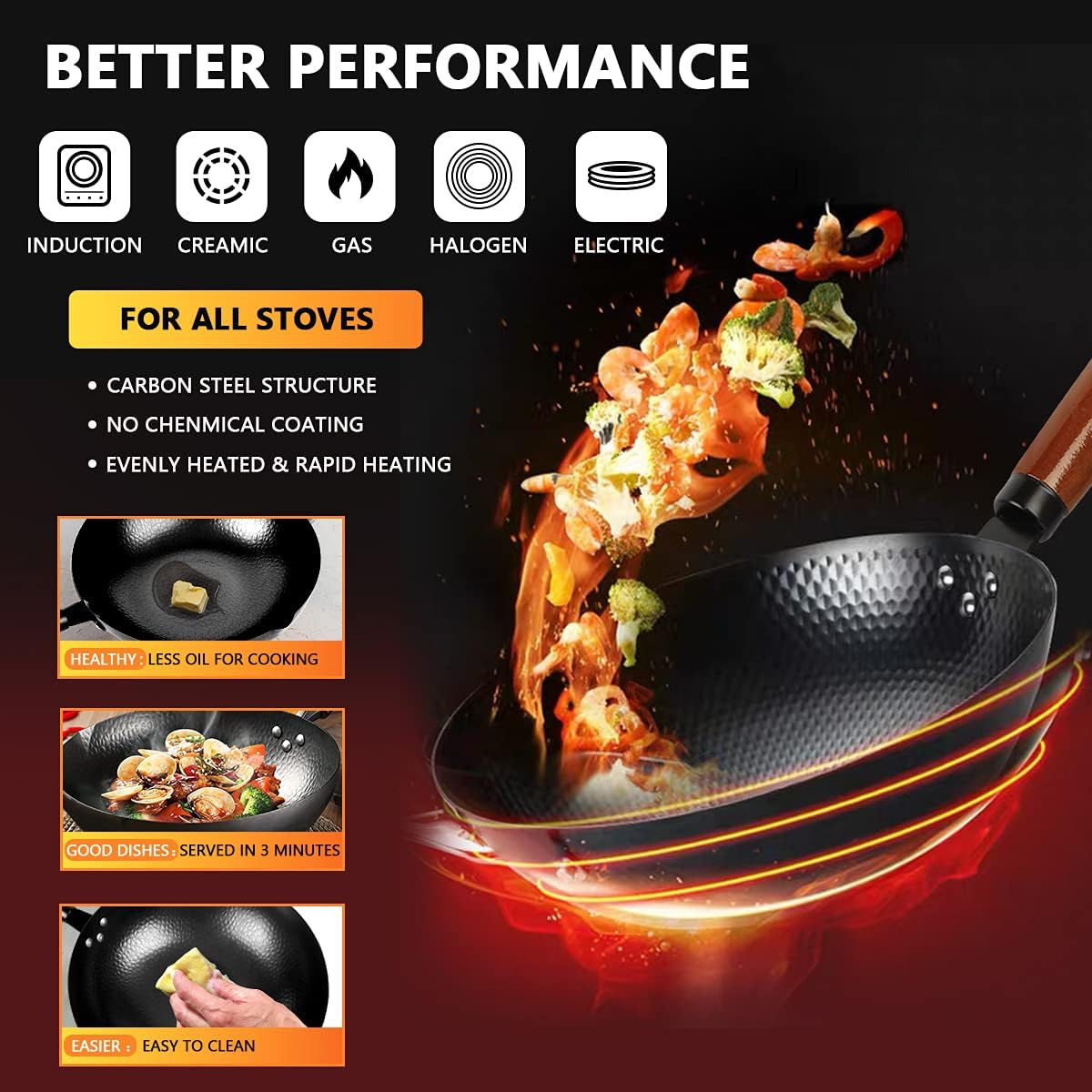 32CM Wok Pan High Temperature Resistance Chinese Cooking Cast Iron Wok