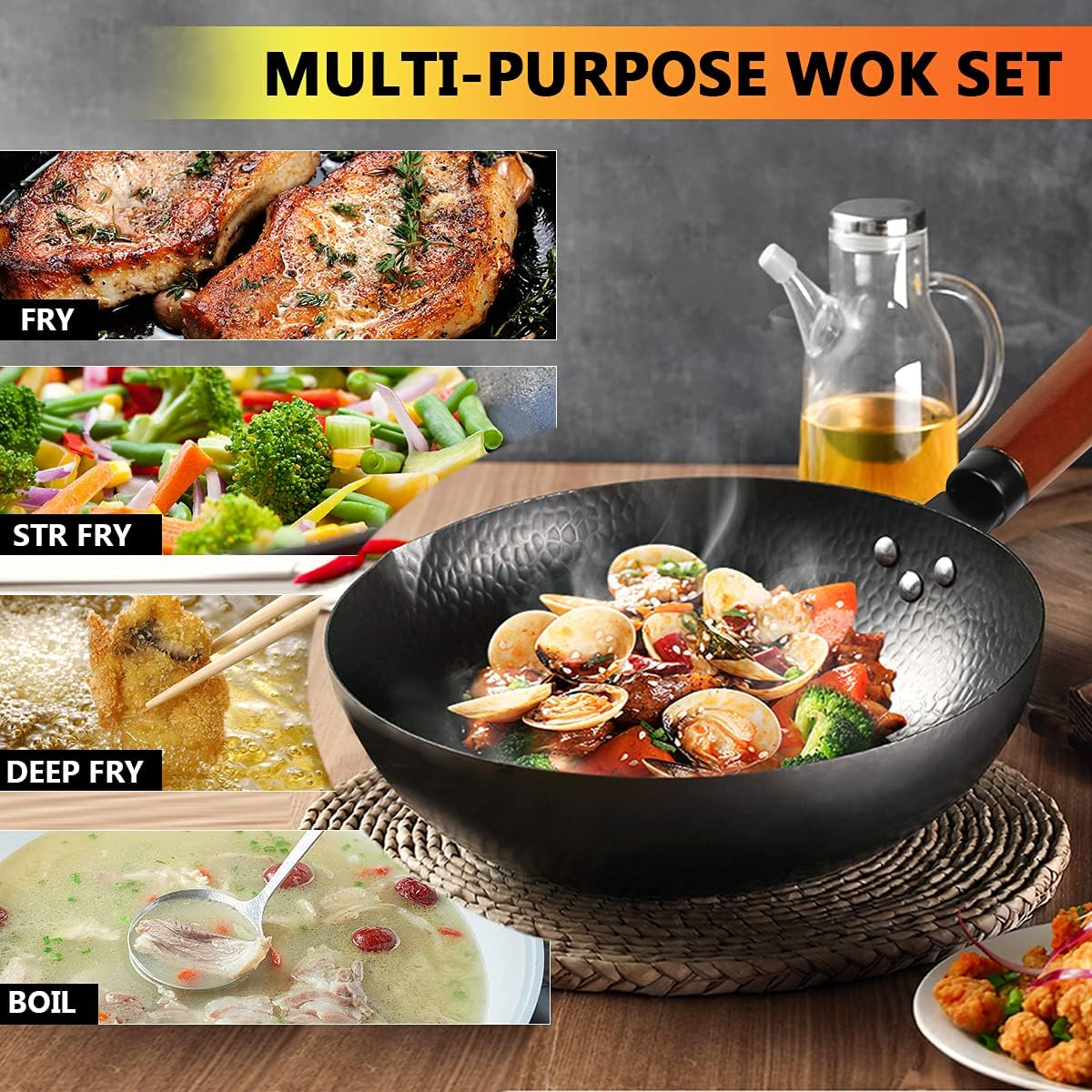 32CM Wok Pan High Temperature Resistance Chinese Cooking Cast Iron Wok