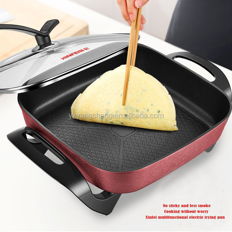 220v Desktop Barbecue Grill Flat-bottomed Non-stick Electric Frying Pan With Lid Electric Hot Pot