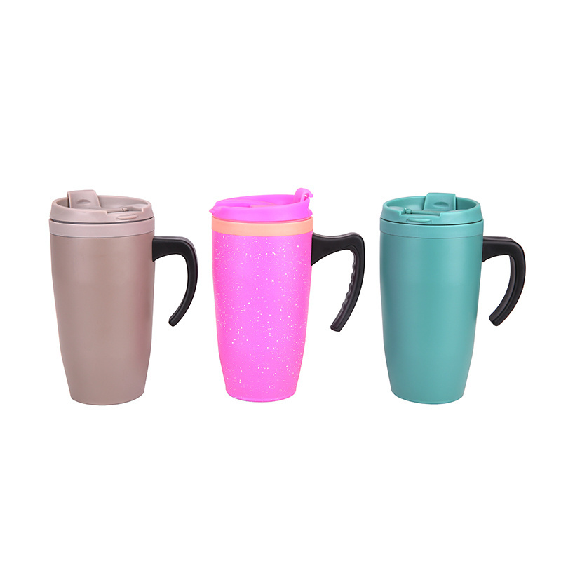 Whosale double wall plastic and stainless steel travel mug 16oz tumbler cups with waterproof lid and handle