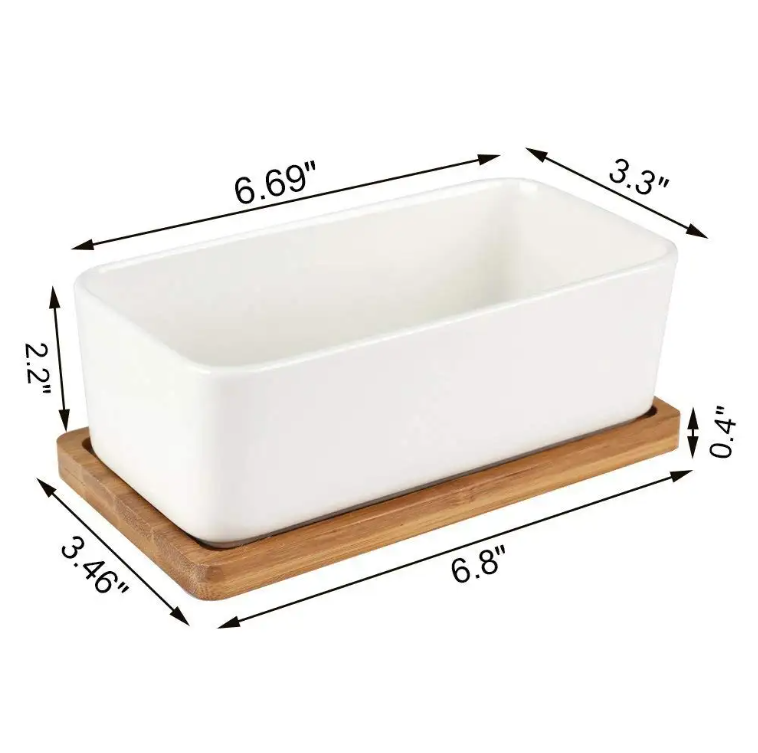 Decorative Garden White Ceramic Succulent Planter Ceramic Cactus Flower Pot Plant Pot with Bamboo Tray (Rectangular)