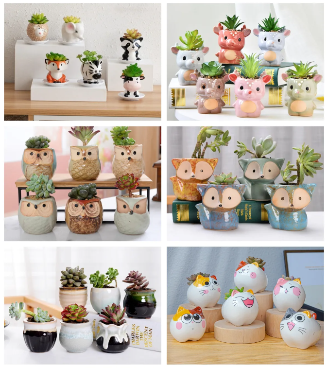 OEM Cute Mini Small Owl Fox Animal Set Succulent Planter Ceramic Flower Pot Plant Pots