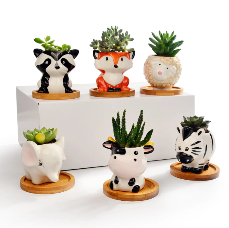 OEM Cute Mini Small Owl Fox Animal Set Succulent Planter Ceramic Flower Pot Plant Pots