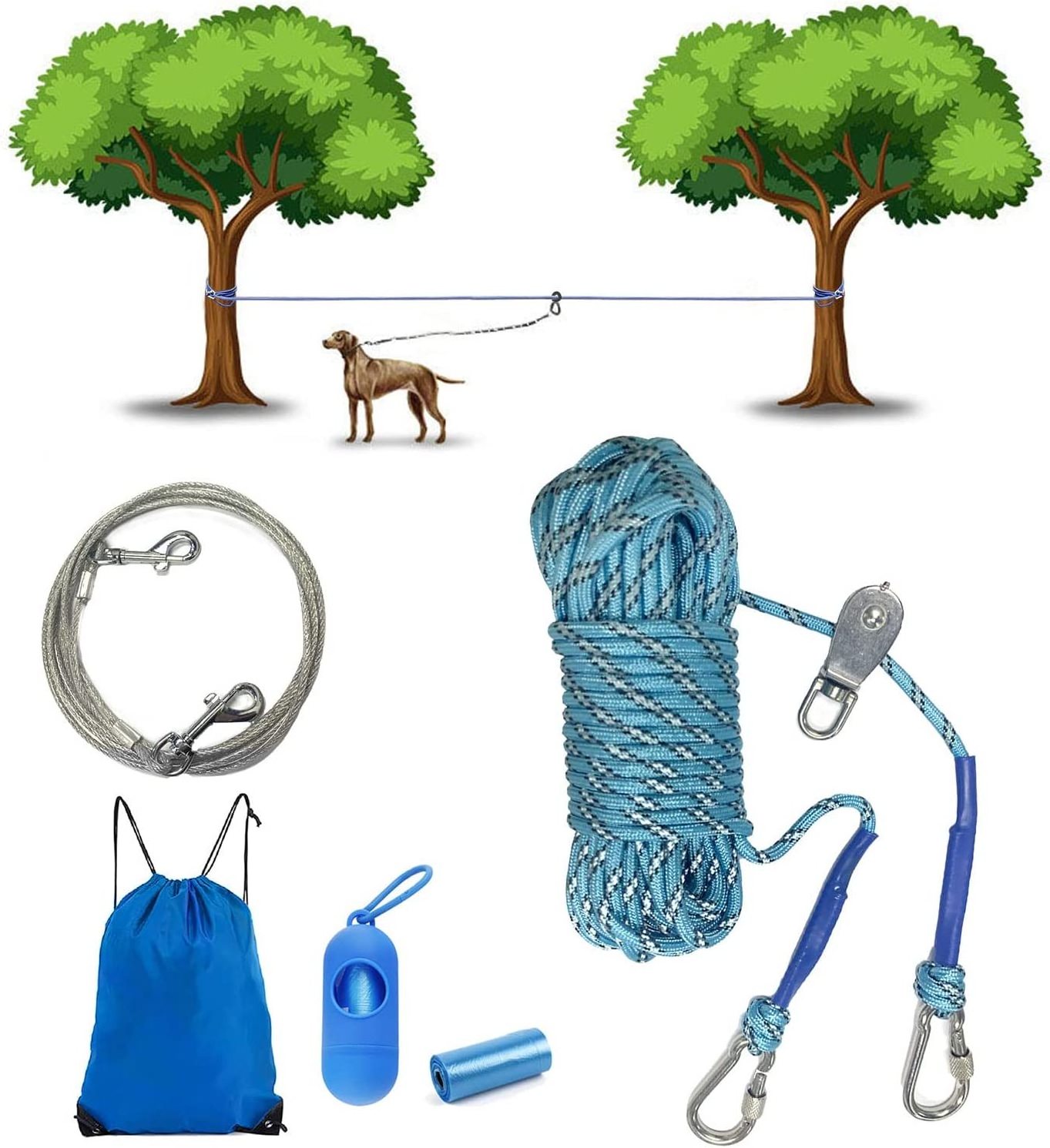 30ft 50ft dog tie out camping cable gear portable reflective overhead trolley system camping dog training long leash