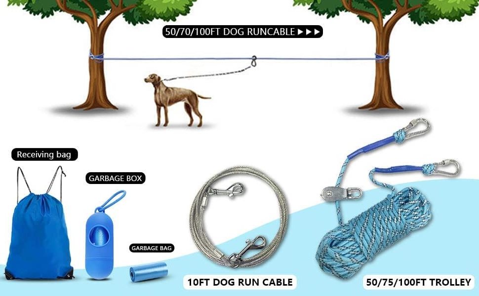 30ft 50ft dog tie out camping cable gear portable reflective overhead trolley system camping dog training long leash